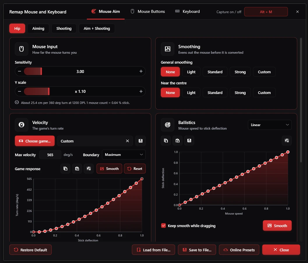 The Mouse Aim tab: sensitivity, smoothing, the game's velocity curve and the ballistics curve