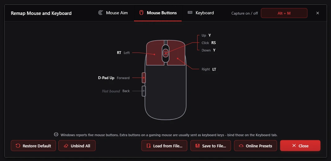 The Mouse Buttons tab: each mouse button and the scroll wheel bound to a controller button