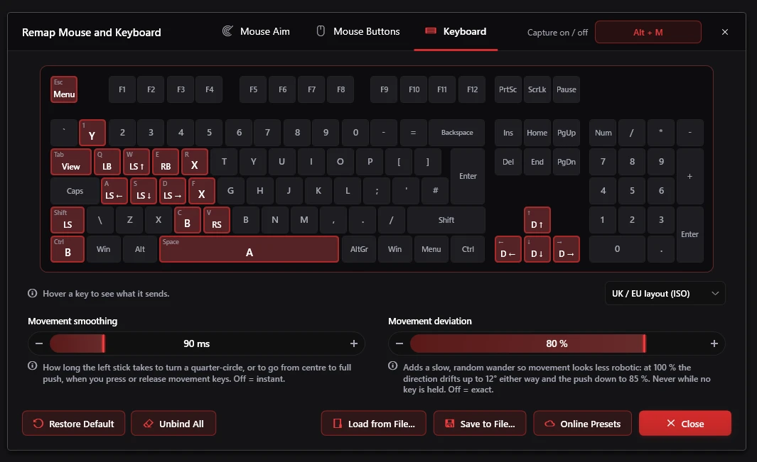 The Keyboard tab: a full keyboard with WASD on the left stick and keys bound to controller buttons